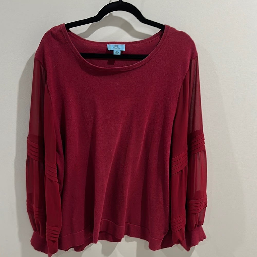 CeCe Red Relaxed Blouse with Billowy Sleeves